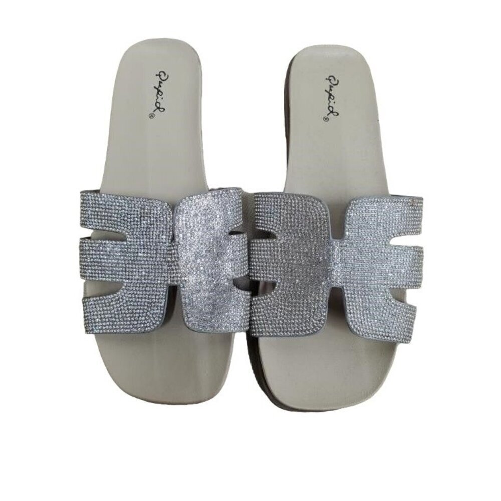 QUPID Silver H Strap Rhinestone Embellished Bling Slide Sandals size 7.5